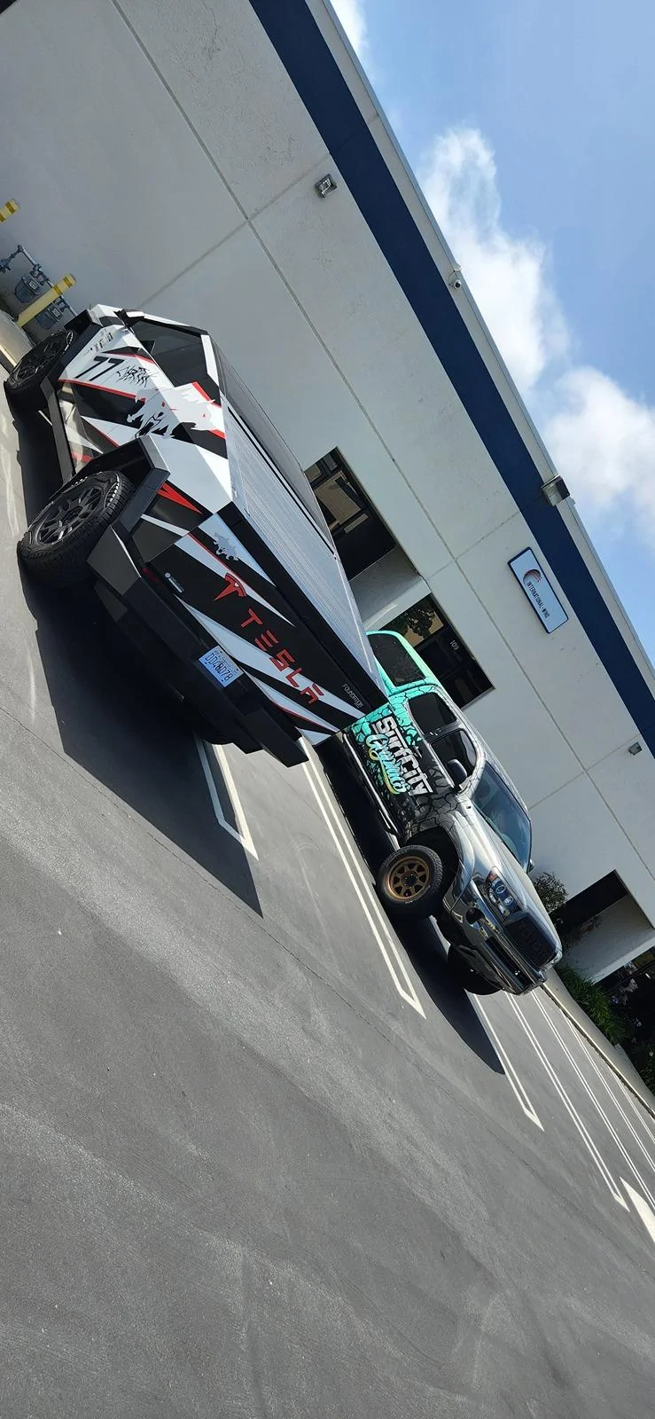 Tesla Cybertruck Beast custom printed wrap (Cerberus graphic) White 3M base and red painted calipers 20240530_145639
