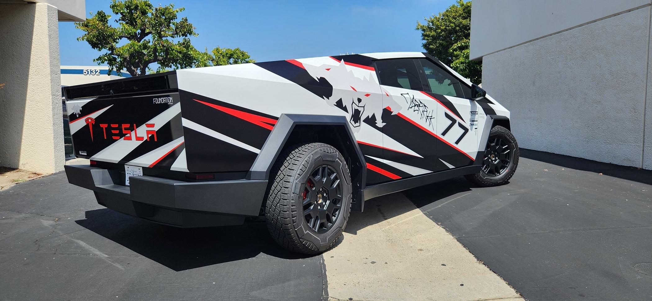 Tesla Cybertruck Beast custom printed wrap (Cerberus graphic) White 3M base and red painted calipers 20240530_144942