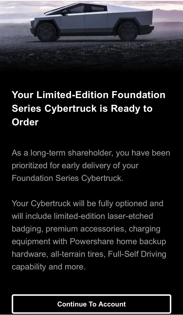 Tesla Cybertruck Early delivery of Foundation Series Cybertruck now available to long-term verified TSLA shareholder! 1717205653641-2