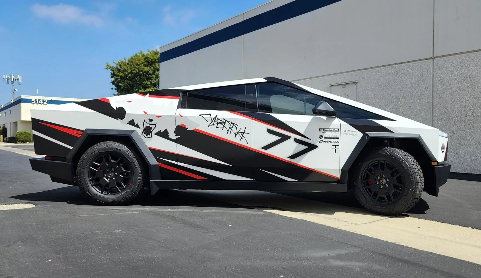 Tesla Cybertruck Beast custom printed wrap (Cerberus graphic) White 3M base and red painted calipers 20240530_145114