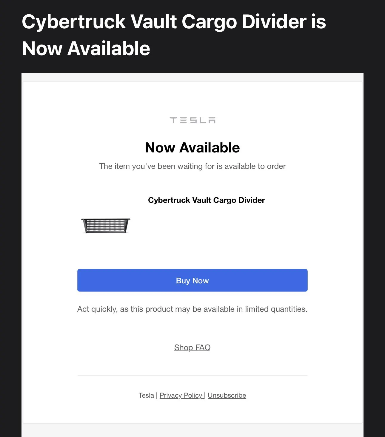 Tesla Cybertruck Cybertruck Vault Cargo Divider back in stock IMG_1281
