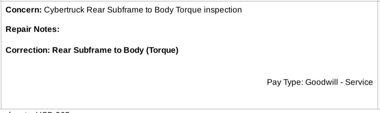 Tesla Cybertruck Service Bulletin: Cybertruck Rear Subframe to Body Torque Inspection 1717520455519-5n