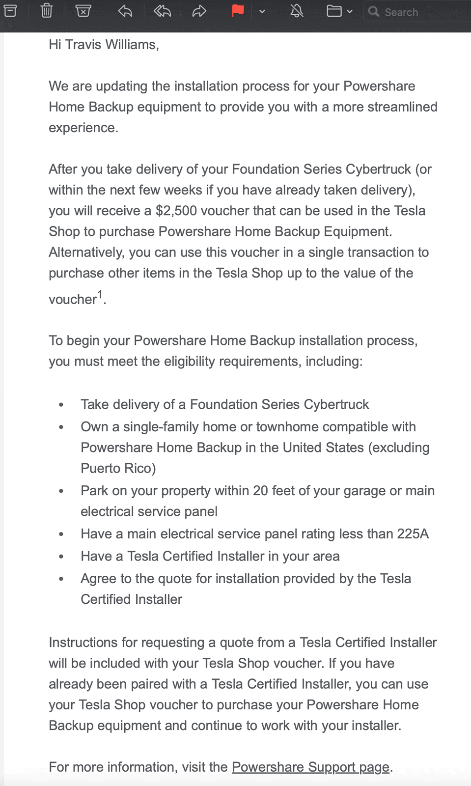 Tesla Cybertruck All Foundation Series owners will receive $2,500 voucher for Tesla Shop (to purchase Powershare Home Backup Equipment or other products) Screenshot 2024-06-04 at 7.34.58 PM
