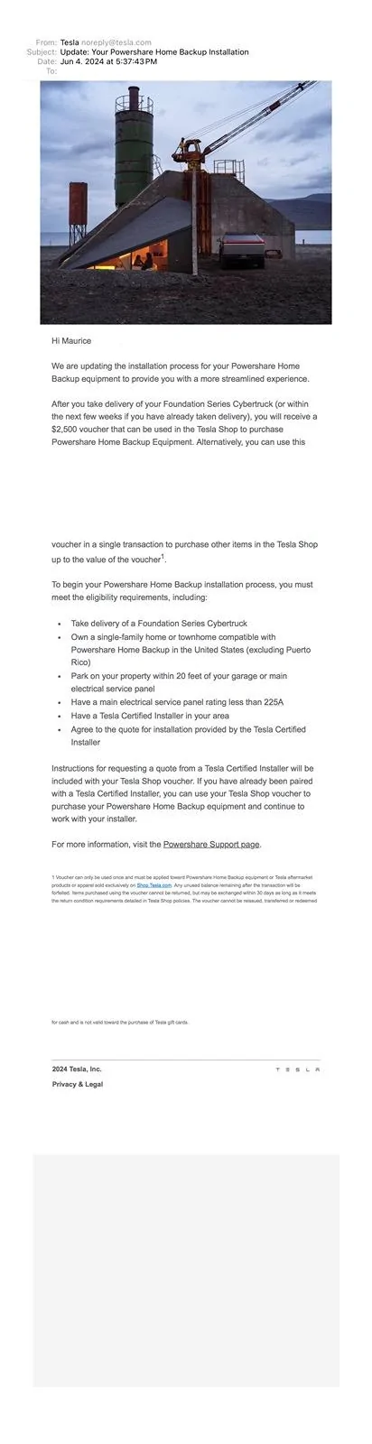 Tesla Cybertruck All Foundation Series owners will receive $2,500 voucher for Tesla Shop (to purchase Powershare Home Backup Equipment or other products) IMG_2376