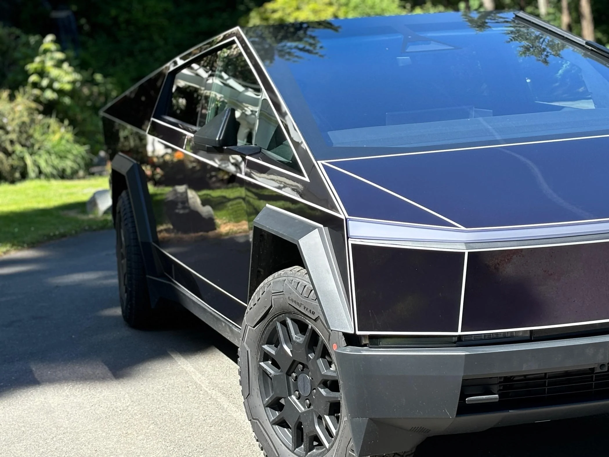 Tesla Cybertruck FlexiShield Gotham Purple Wrap + Tron Pinstripes IMG_4504