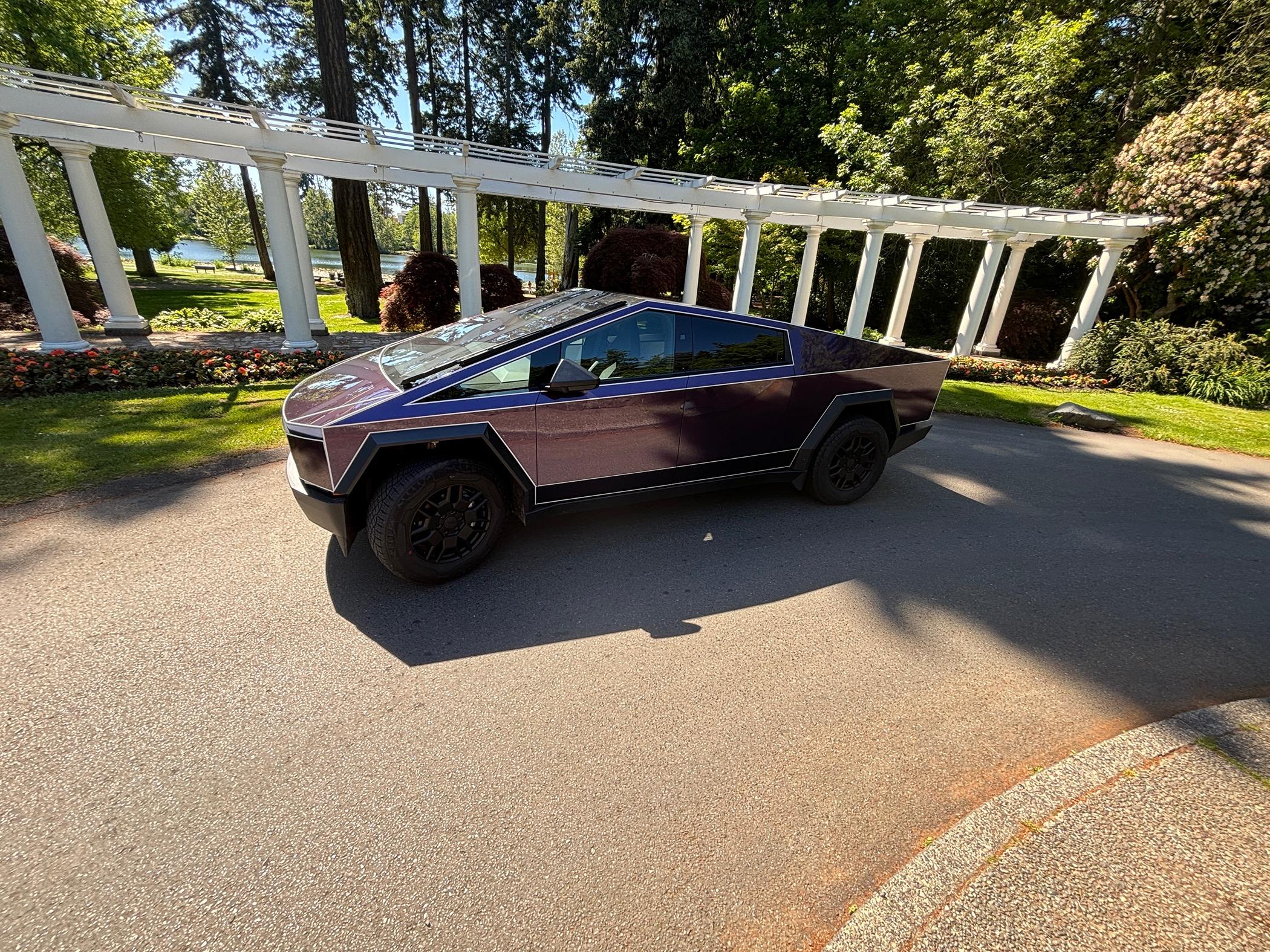 Tesla Cybertruck FlexiShield Gotham Purple Wrap + Tron Pinstripes IMG_4507