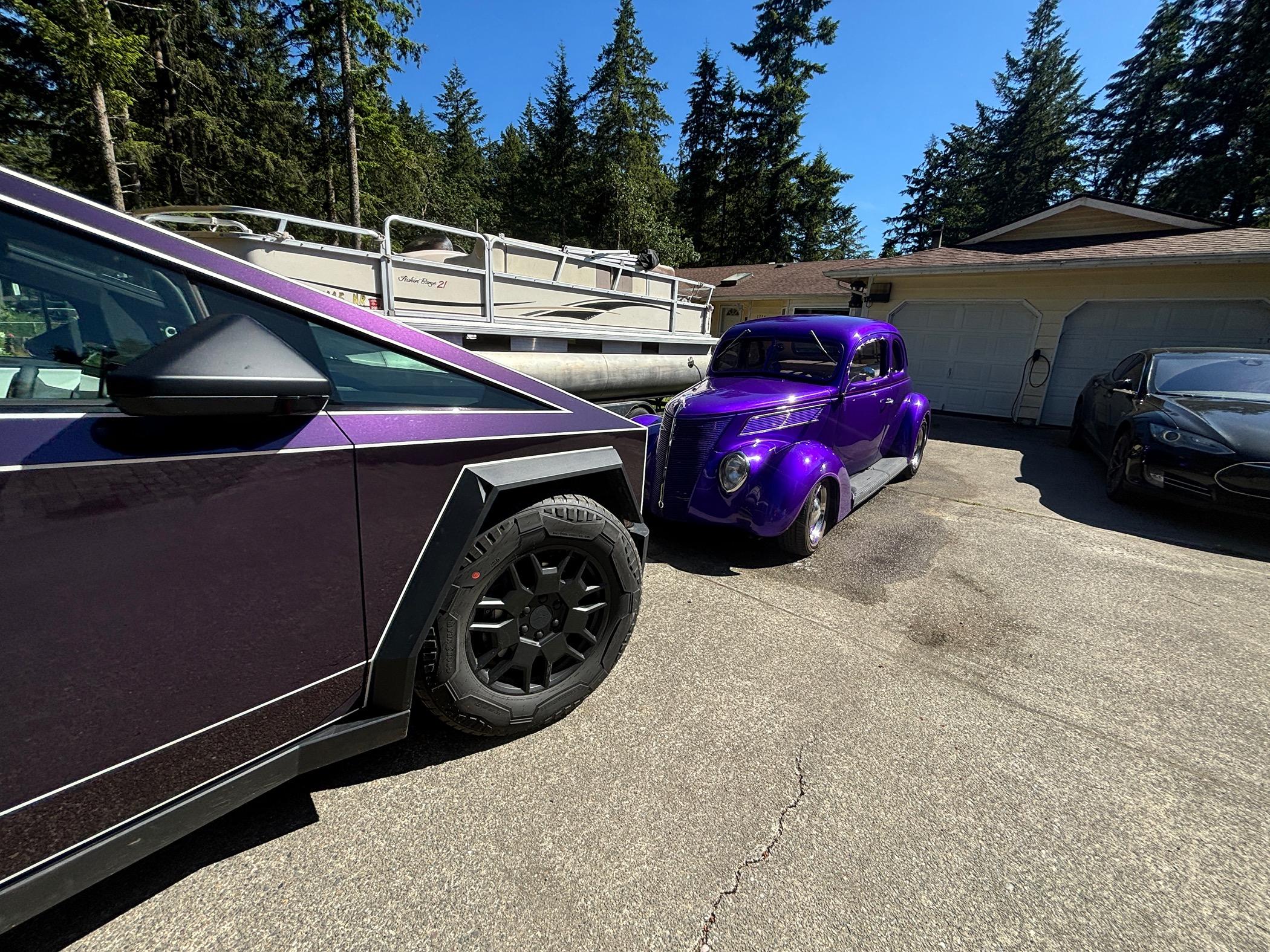 Tesla Cybertruck FlexiShield Gotham Purple Wrap + Tron Pinstripes IMG_4516