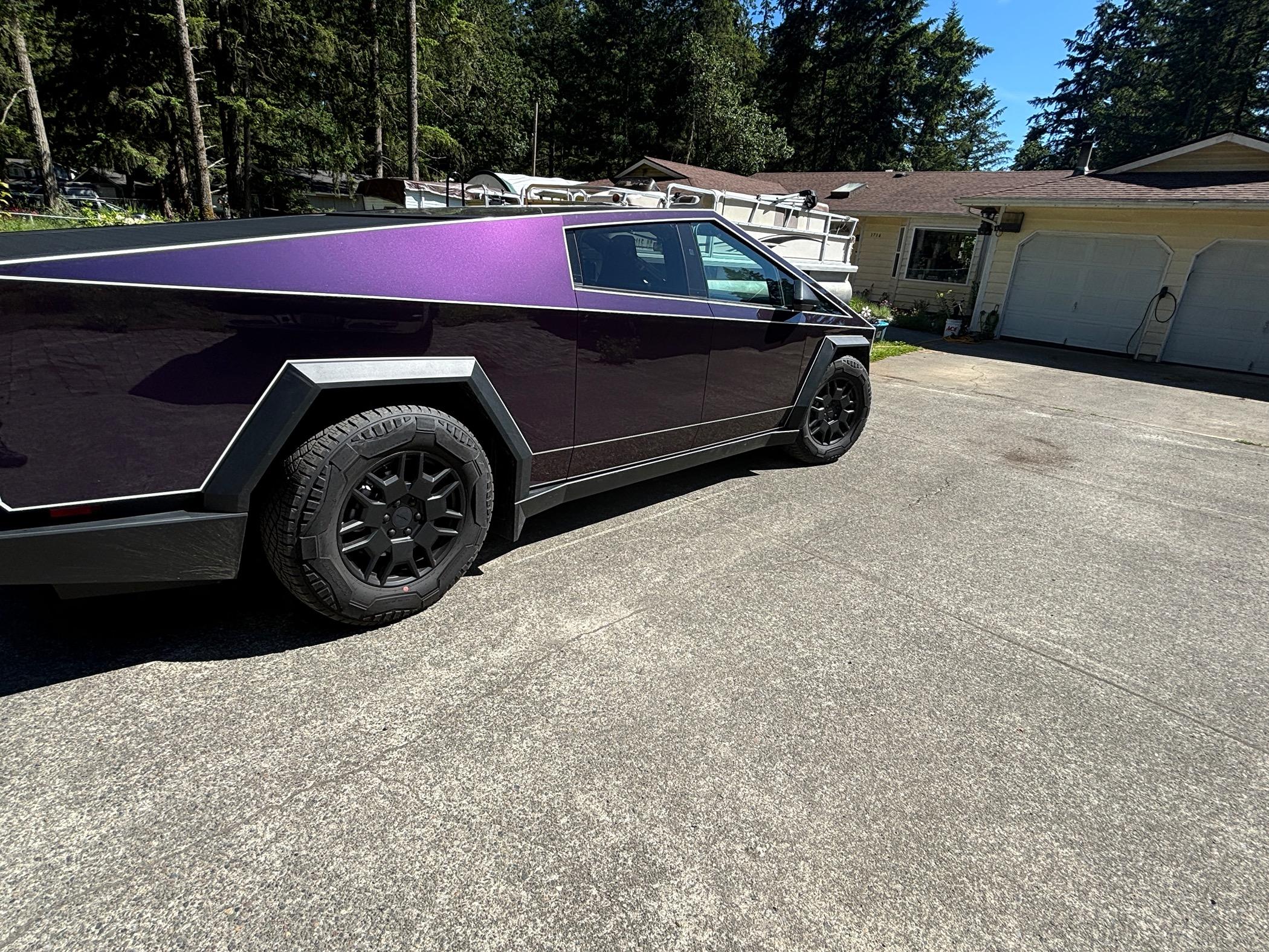 Tesla Cybertruck FlexiShield Gotham Purple Wrap + Tron Pinstripes IMG_4512