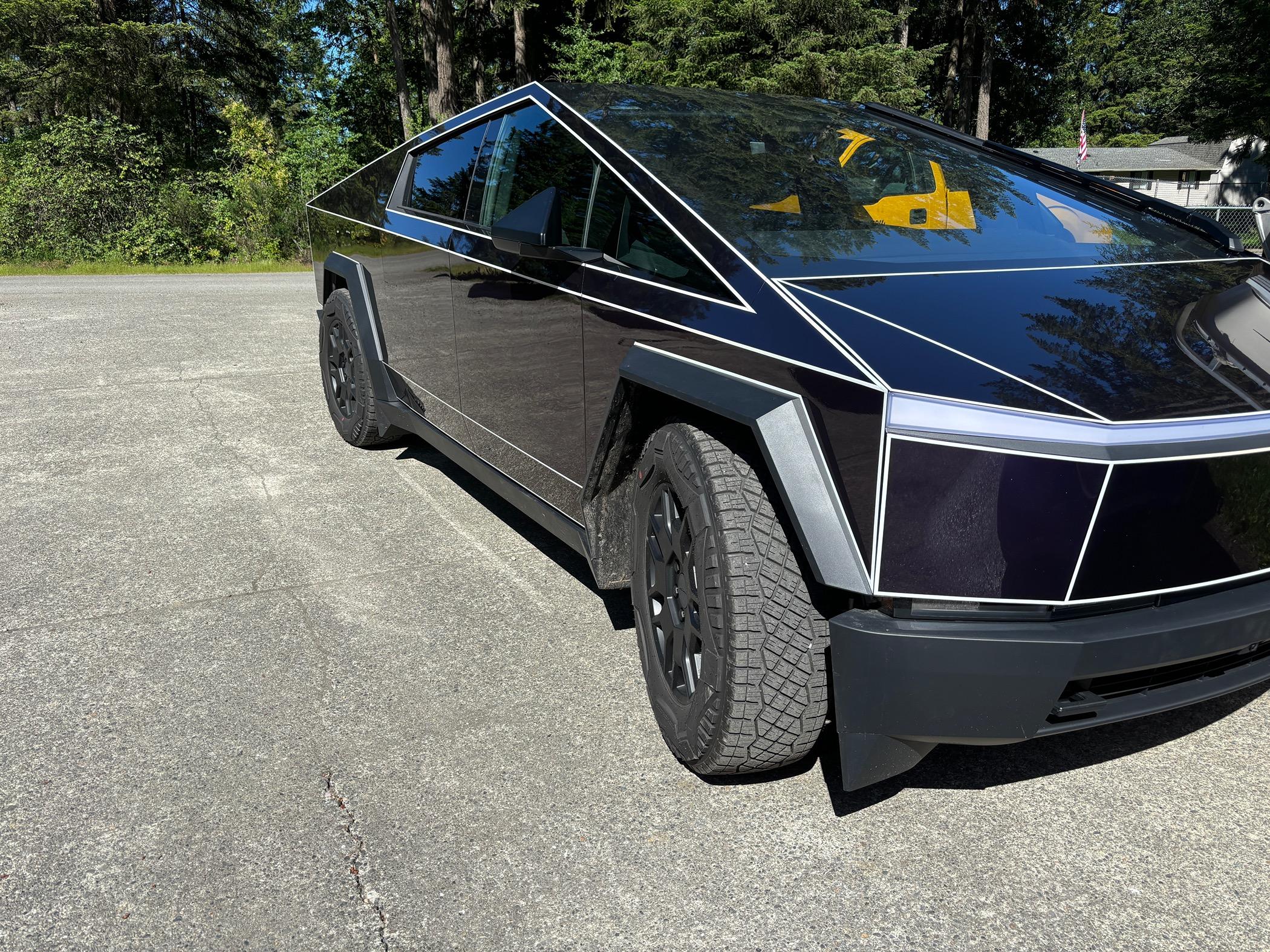 Tesla Cybertruck FlexiShield Gotham Purple Wrap + Tron Pinstripes IMG_4513