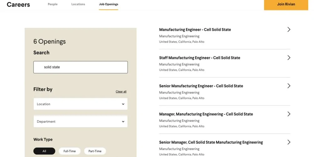 Tesla Cybertruck Rivian planning to manufacture solid-state batteries Rivian-Careers-Pag