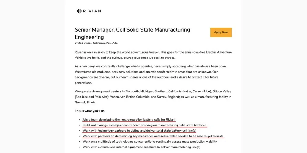 Tesla Cybertruck Rivian planning to manufacture solid-state batteries Rivian-Job-Post
