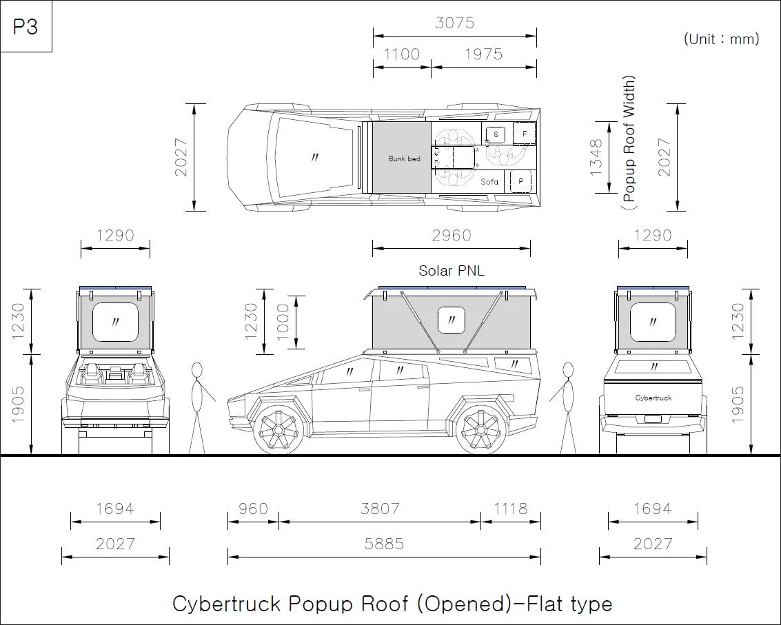 Tesla Cybertruck Cybertruck pop-up roof tent design (Flat Type) P3-Flat Type-칼라
