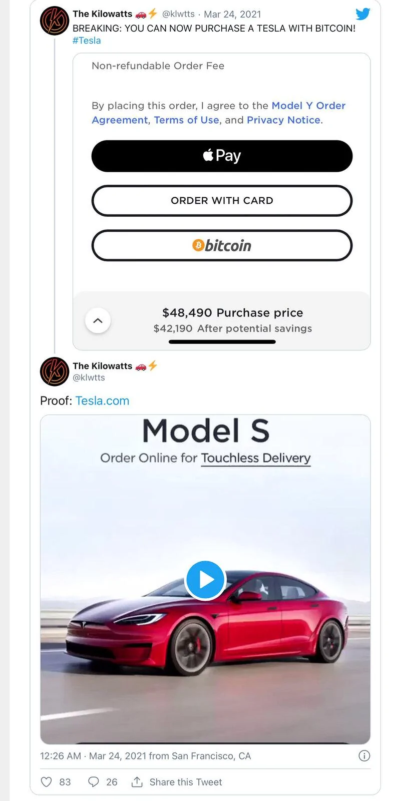 Tesla Cybertruck Tesla launches Bitcoin payments for vehicle orders in US, other territories to follow 8D0C2768-54E2-4211-931D-9FF91D53D732