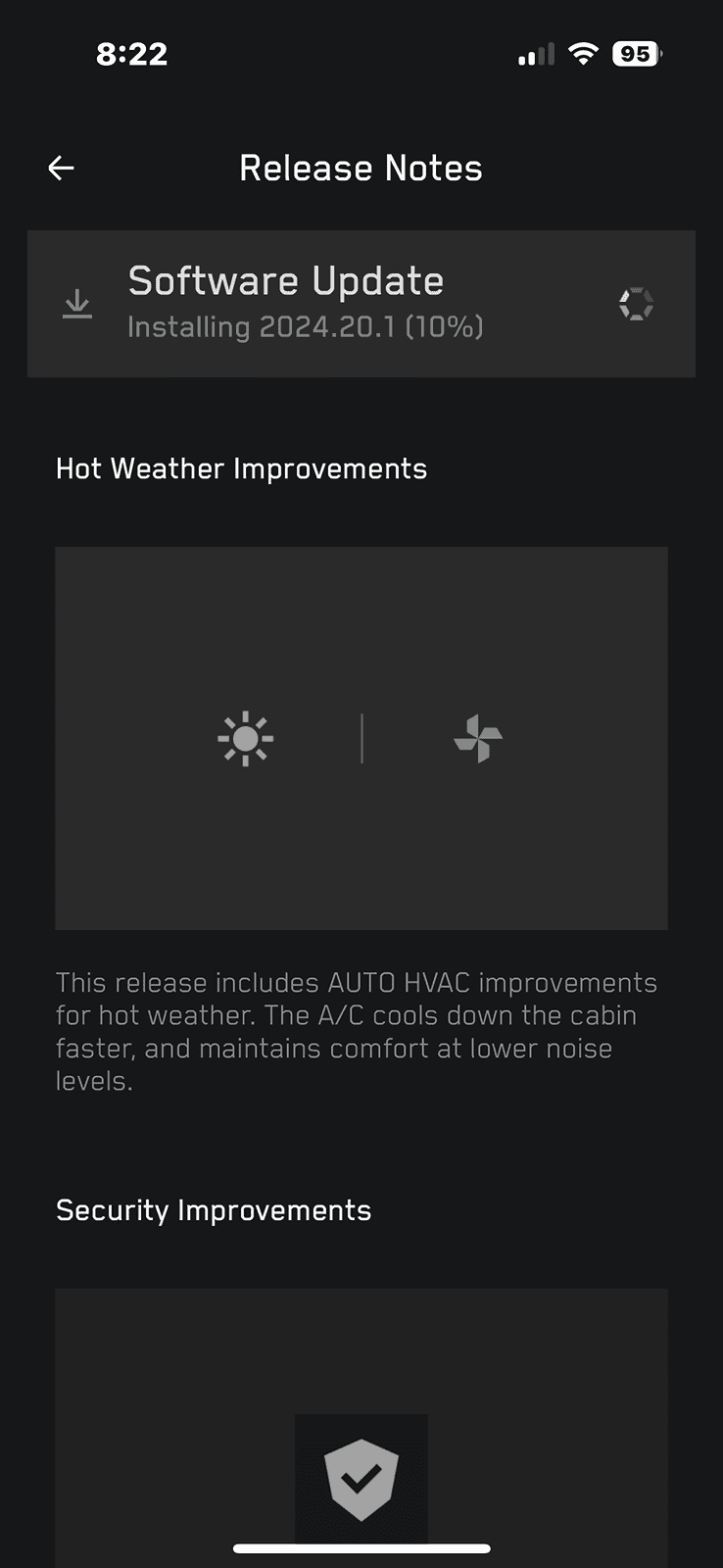 Tesla Cybertruck Software update 2024.20.1 -- AUTO HVAC improvements for hot weather. The A/C cools down the cabin faster, and maintains comfort at lower noise levels. IMG_1760.PNG