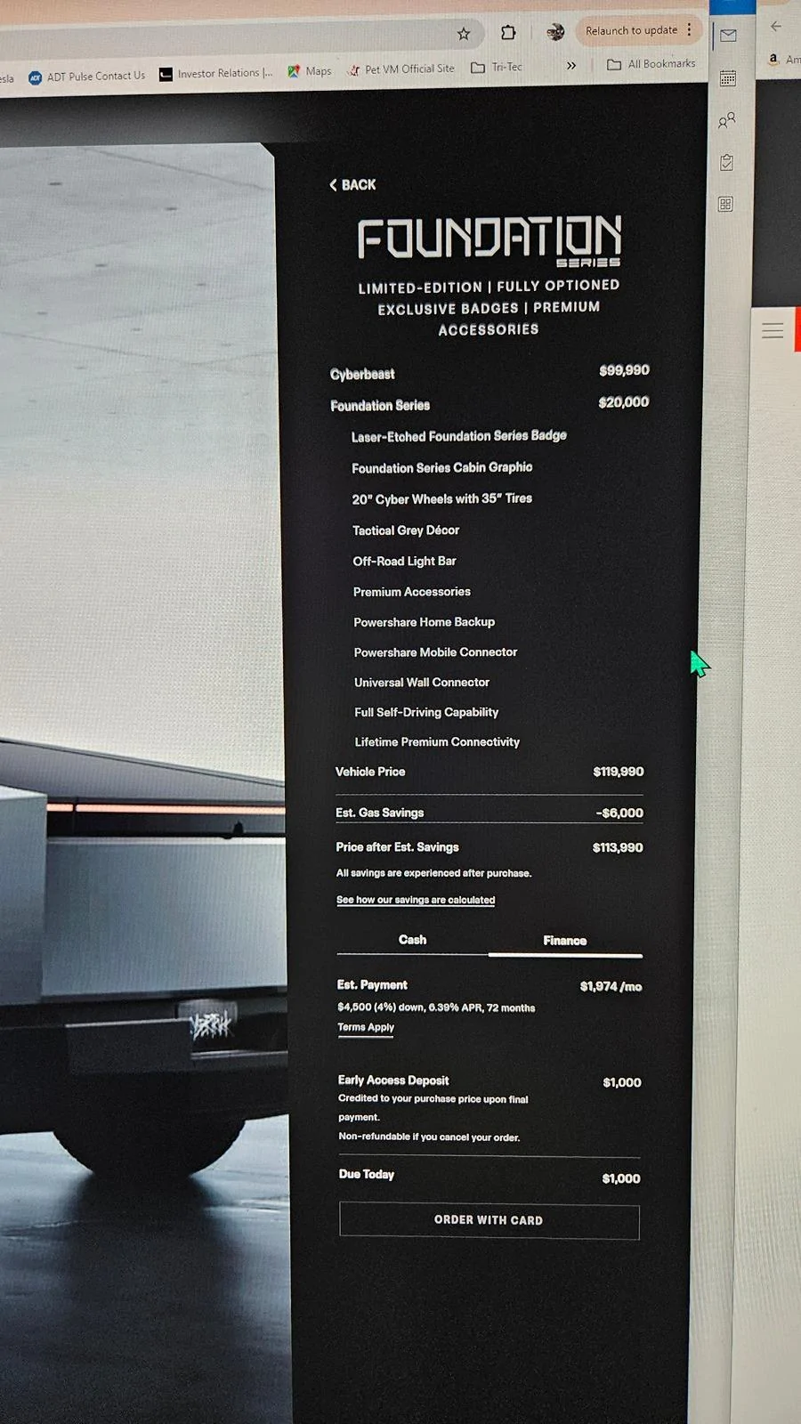 Tesla Cybertruck Do I order the Foundation Beast or wait? My order number was in the 114xxxx's. Can I wait , should for all the bugs to be fixed or just do it? 20240607_174816