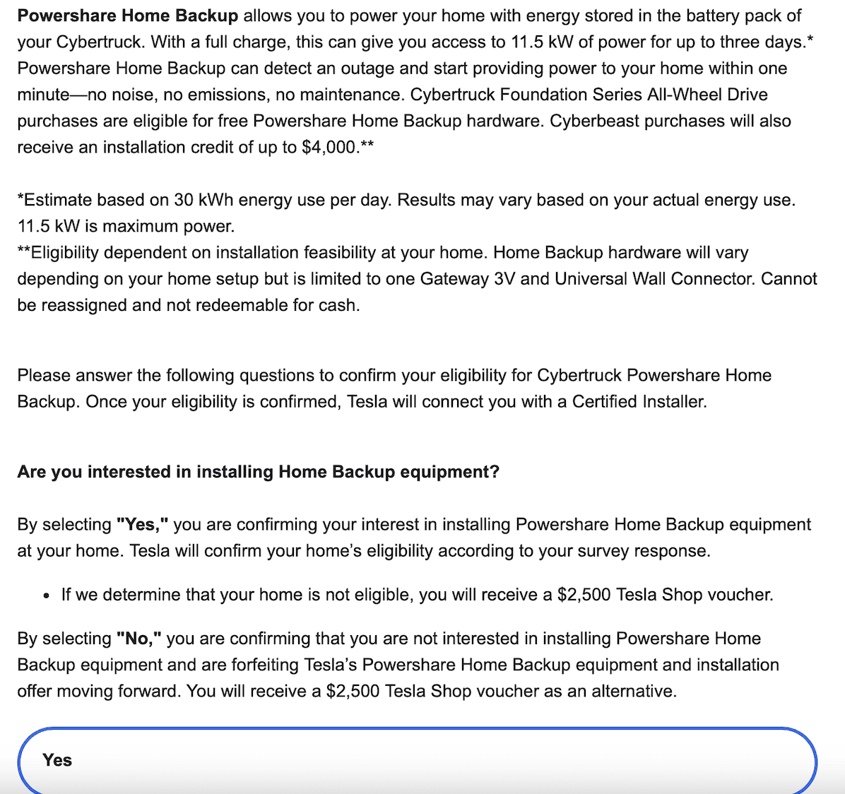 Tesla Cybertruck All Foundation Series owners will receive $2,500 voucher for Tesla Shop (to purchase Powershare Home Backup Equipment or other products) Screenshot 2024-06-11 at 3.54.13 PM