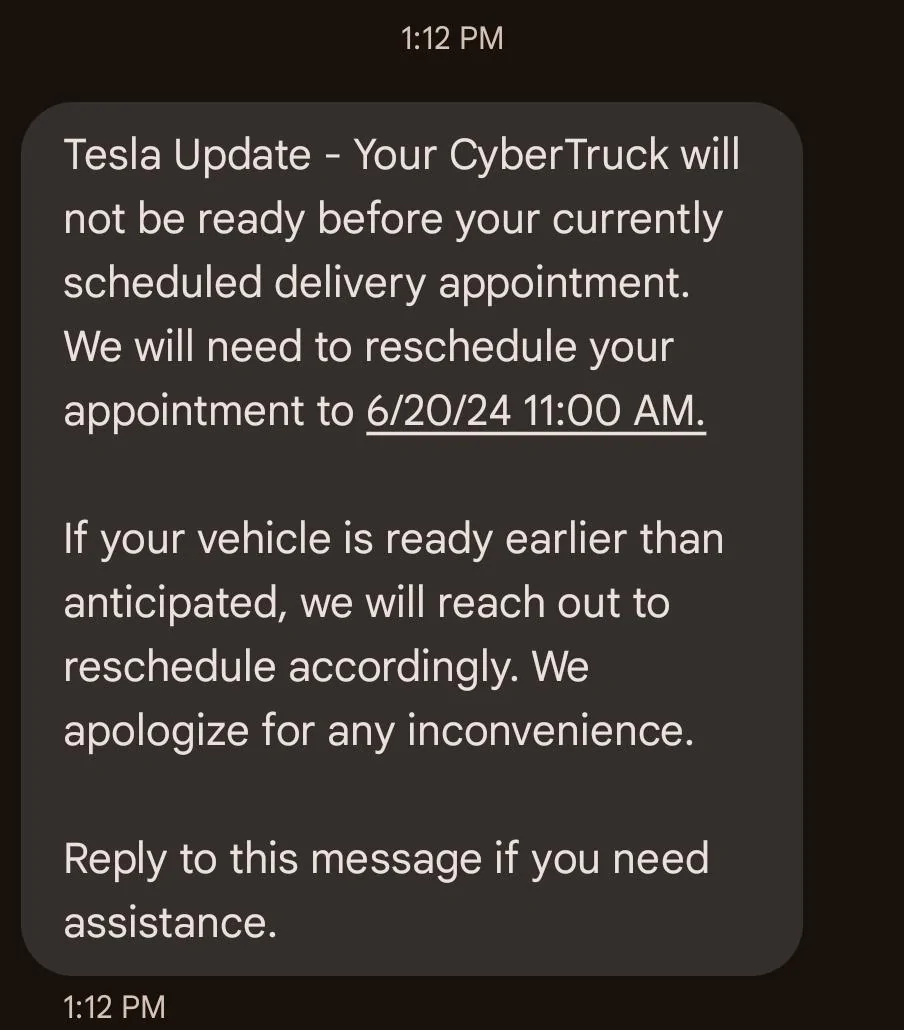 Tesla Cybertruck Delivery date change Screenshot_20240614_132513_Messages