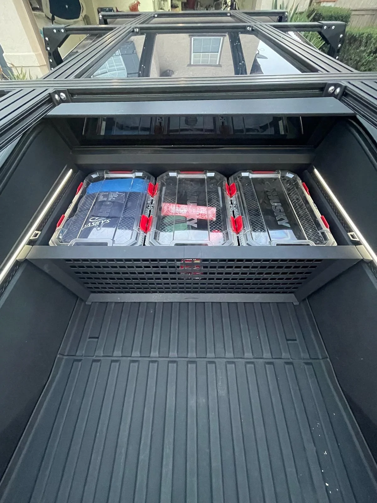 Tesla Cybertruck Aftermarket Bed Storage Bins -- Husky Heavy Duty Waterproof Stackable Plastic Storage Containers [Updated w/ photos vs. Tesla Vault Bins] IMG_6271