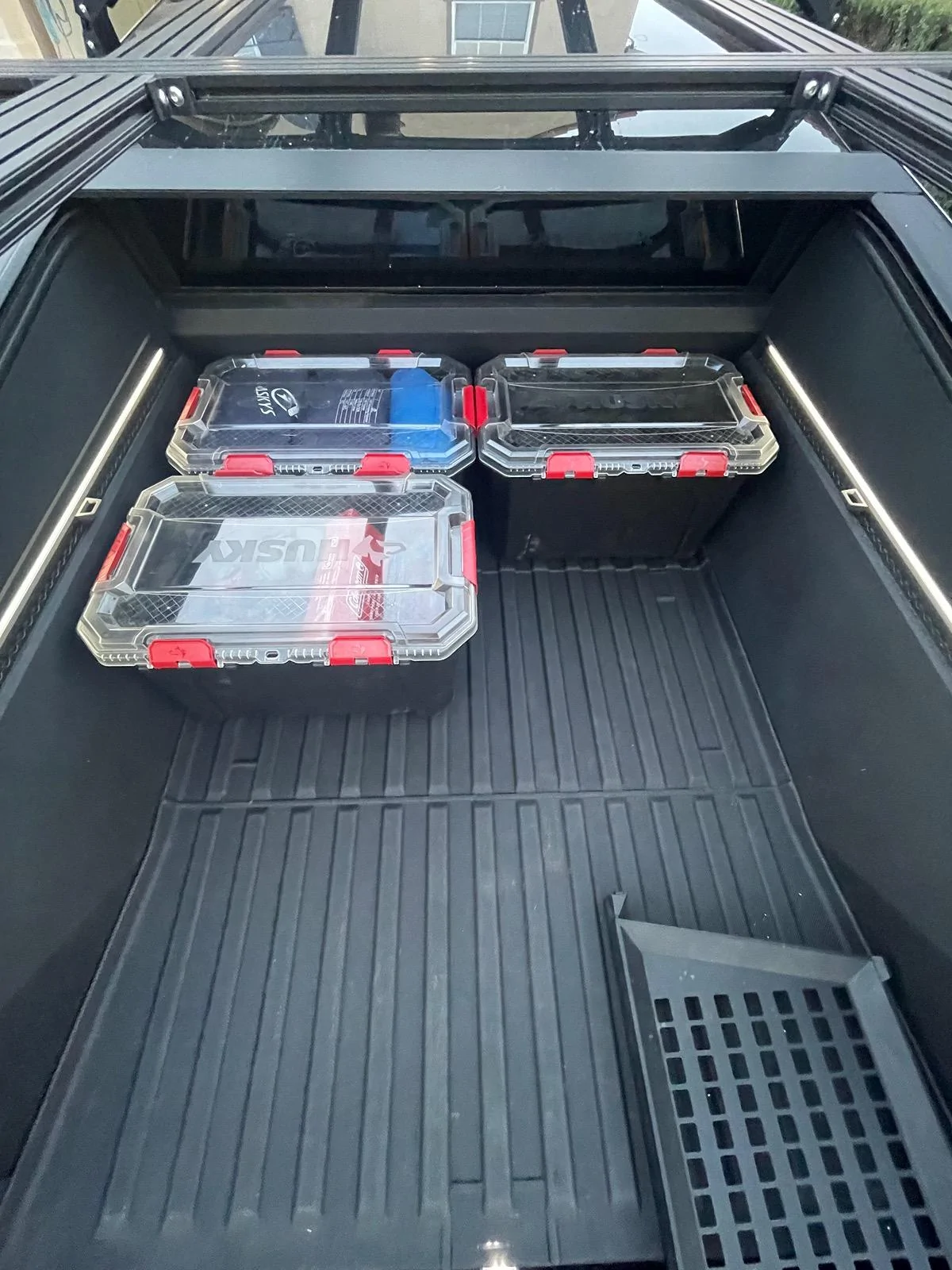 Tesla Cybertruck Aftermarket Bed Storage Bins -- Husky Heavy Duty Waterproof Stackable Plastic Storage Containers [Updated w/ photos vs. Tesla Vault Bins] IMG_6270