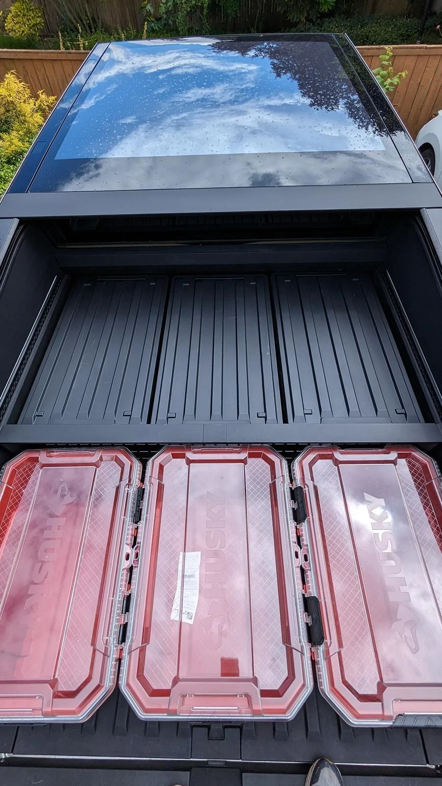 Tesla Cybertruck Aftermarket Bed Storage Bins -- Husky Heavy Duty Waterproof Stackable Plastic Storage Containers [Updated w/ photos vs. Tesla Vault Bins] 1000008220