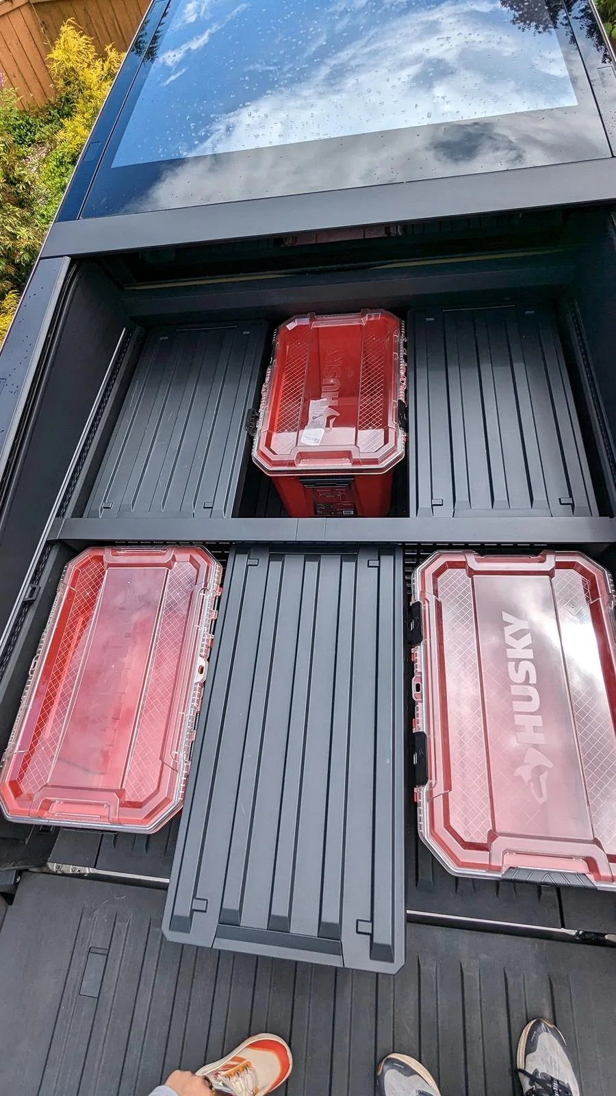 Tesla Cybertruck Aftermarket Bed Storage Bins -- Husky Heavy Duty Waterproof Stackable Plastic Storage Containers [Updated w/ photos vs. Tesla Vault Bins] 1000008221