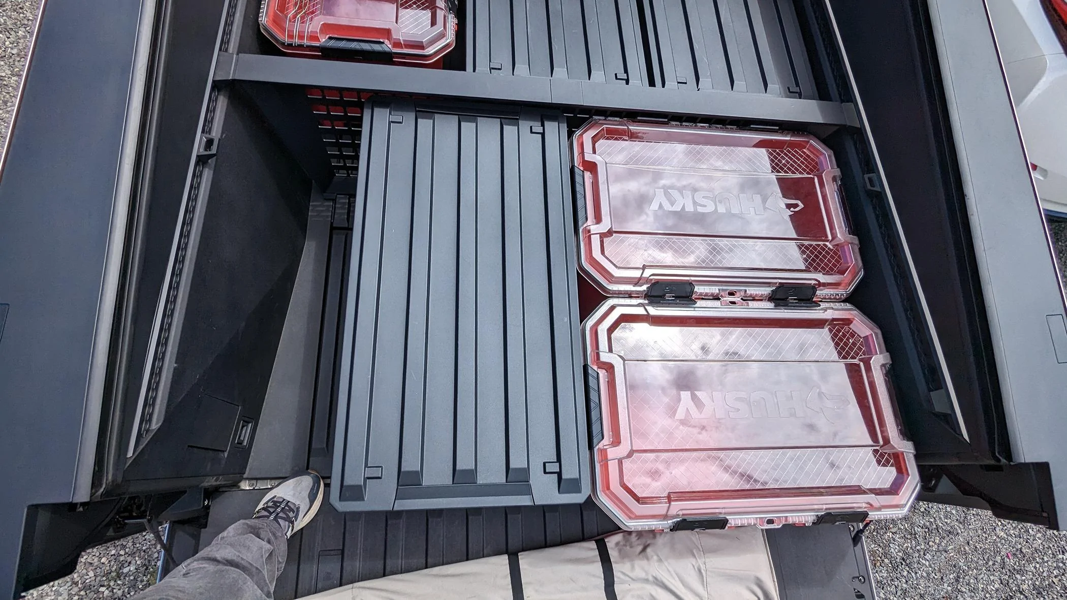 Tesla Cybertruck Aftermarket Bed Storage Bins -- Husky Heavy Duty Waterproof Stackable Plastic Storage Containers [Updated w/ photos vs. Tesla Vault Bins] 1000008222