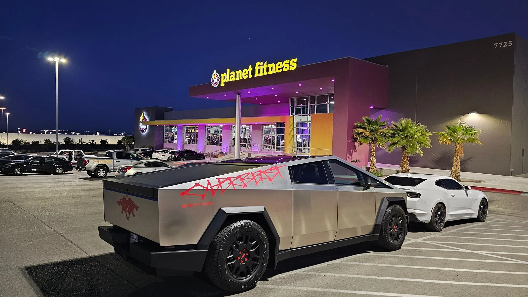 Tesla Cybertruck Triple Chalk Grey Cybertruck w/ wrapped bumpers and 24" Monoblock wheels 20240511_053752