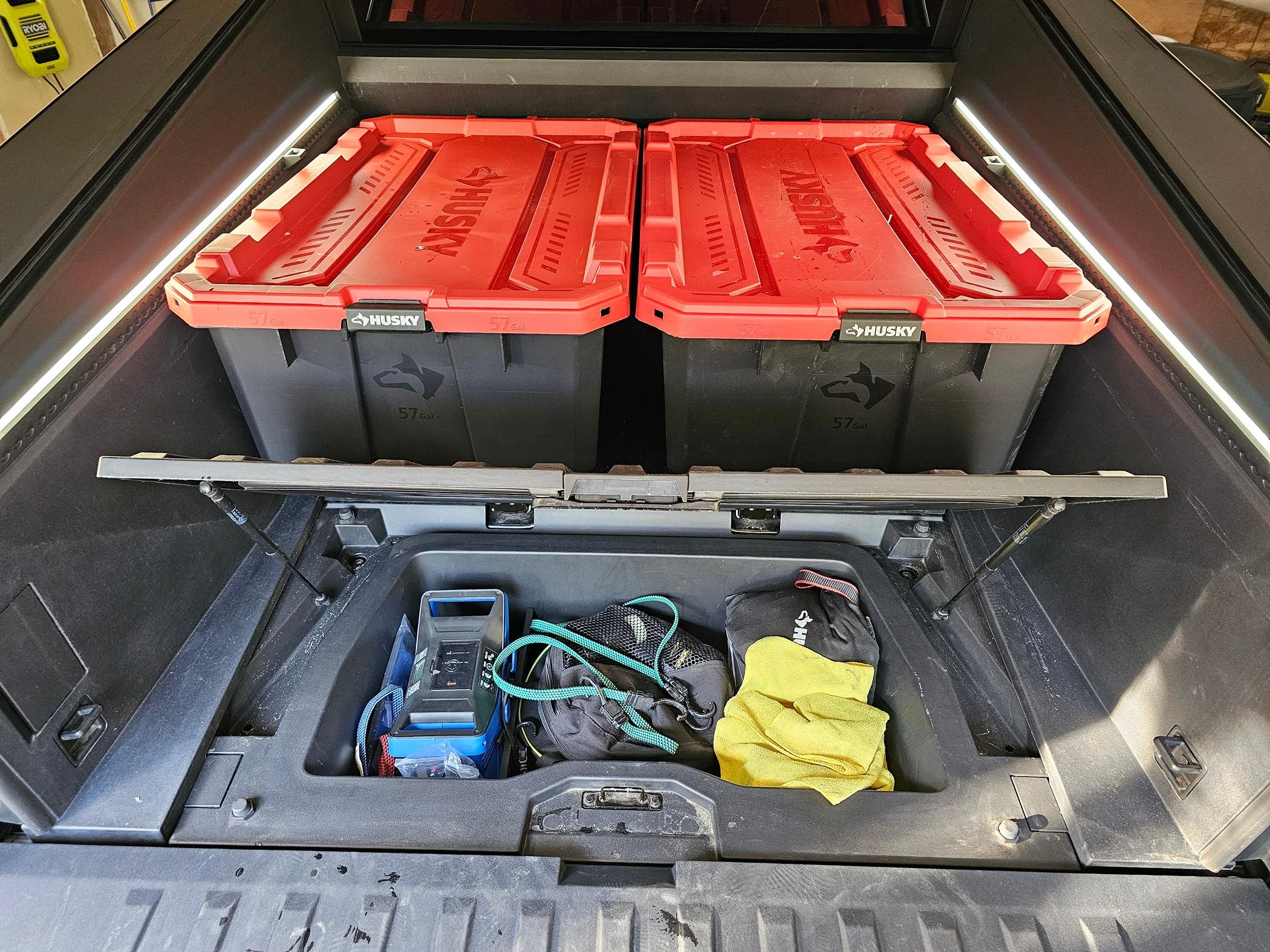 Tesla Cybertruck Bed Storage Bin Option: Husky 57 Gallon Storage Tote With Wheels 20240622_183801