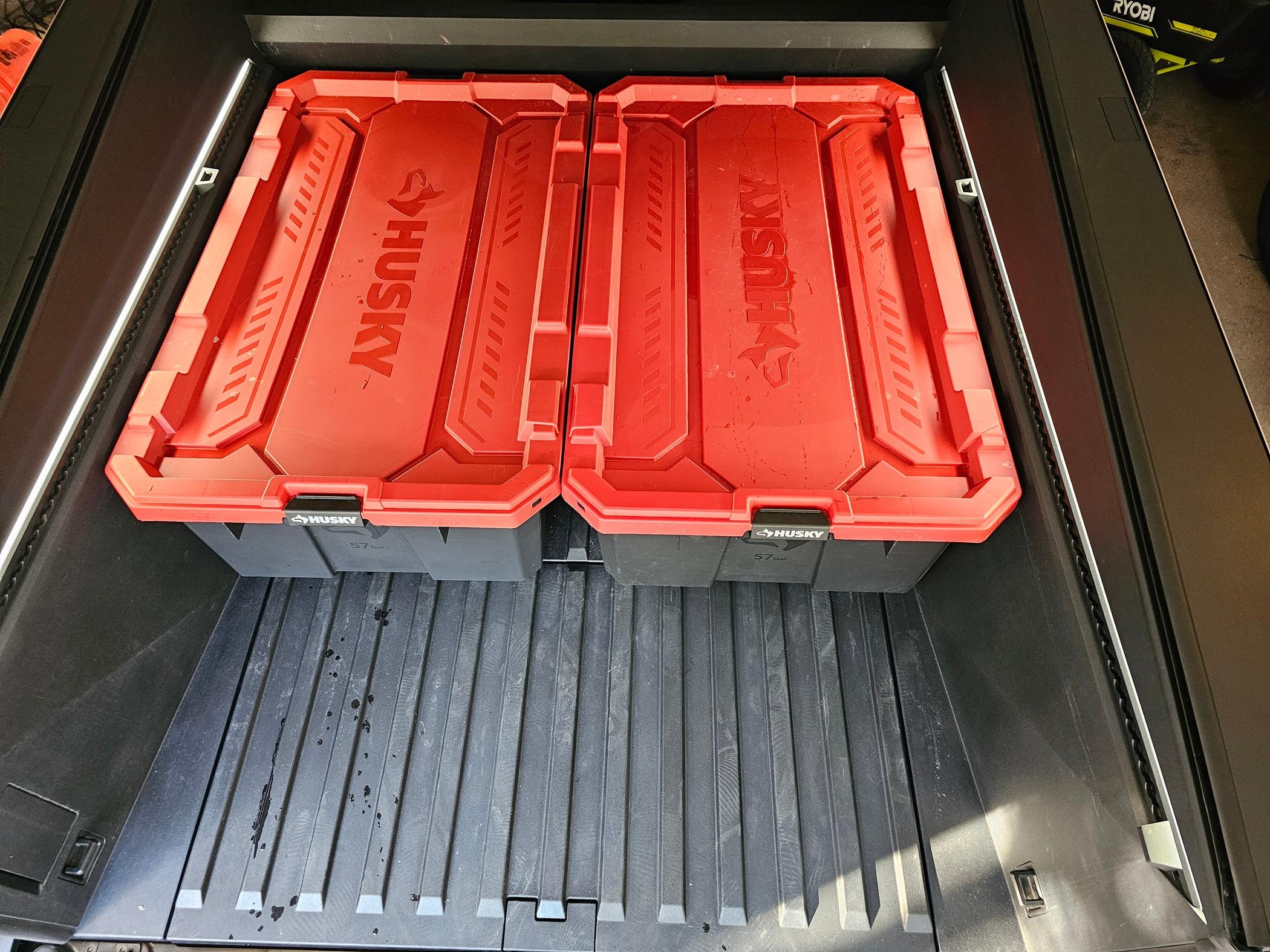 Tesla Cybertruck Bed Storage Bin Option: Husky 57 Gallon Storage Tote With Wheels 20240622_183720