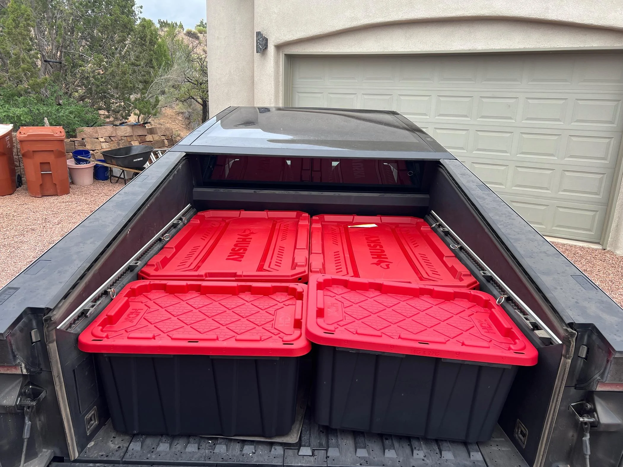 Tesla Cybertruck Bed Storage Bin Option: Husky 57 Gallon Storage Tote With Wheels IMG_5827