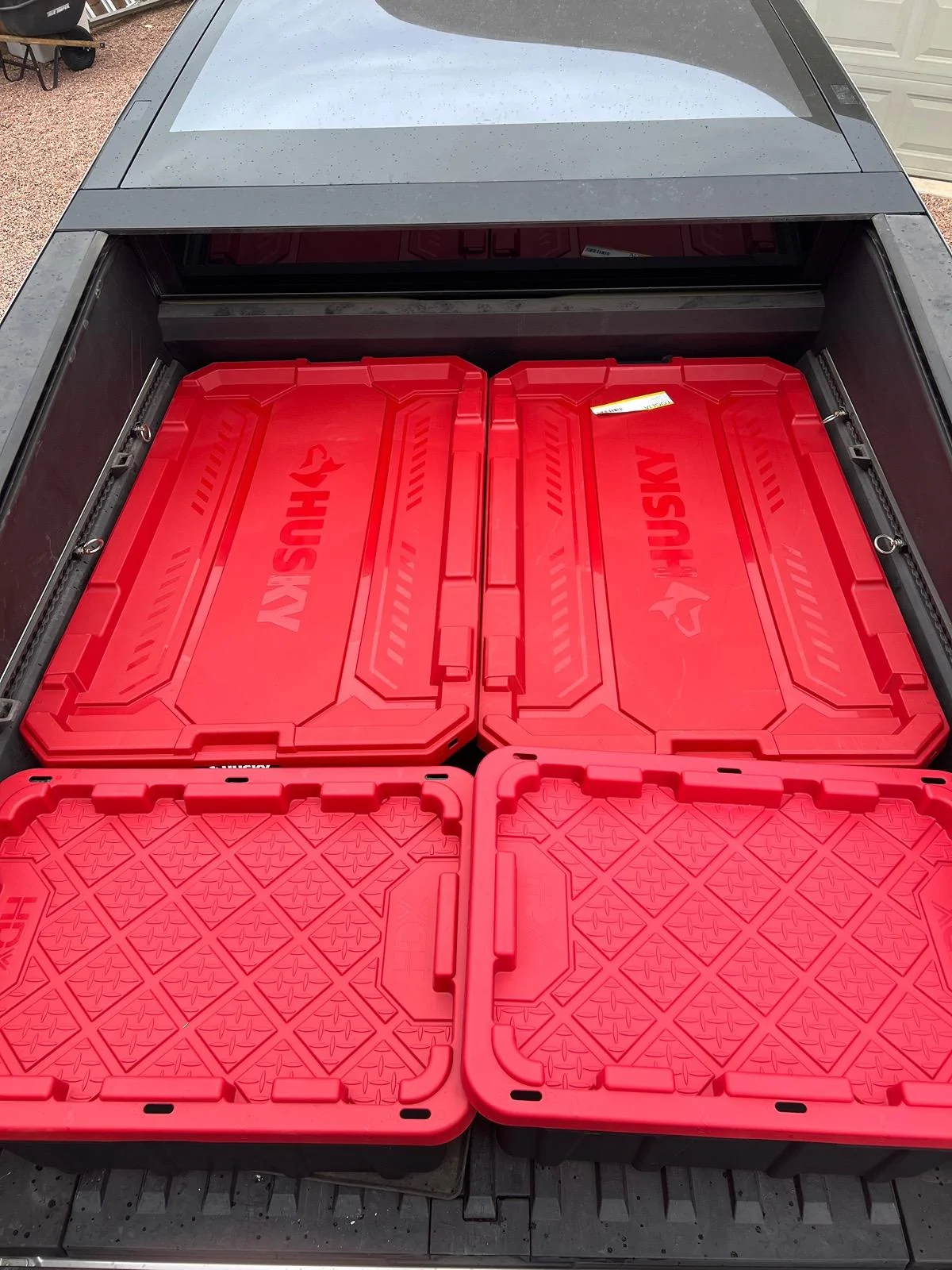 Tesla Cybertruck Bed Storage Bin Option: Husky 57 Gallon Storage Tote With Wheels IMG_5826