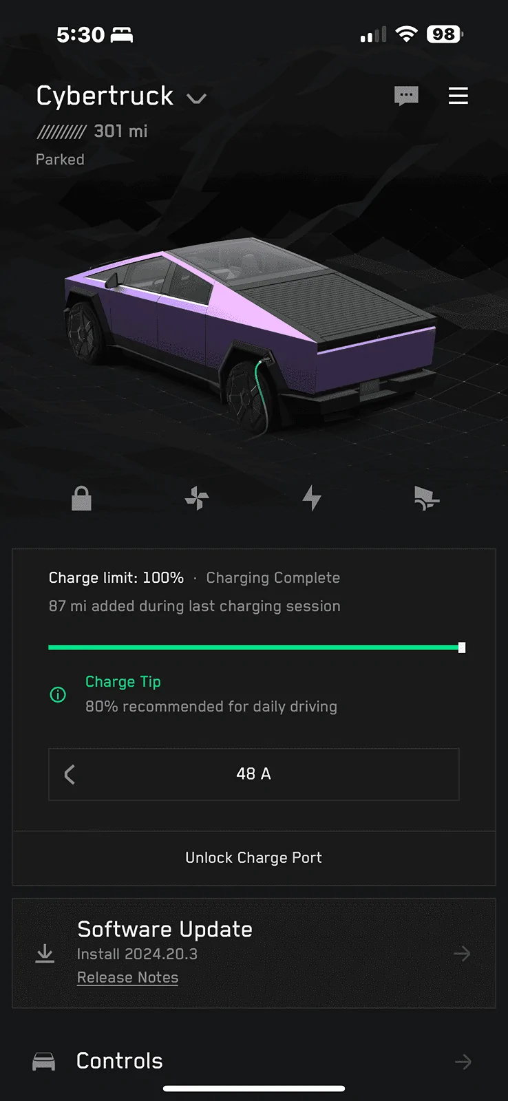 Tesla Cybertruck First time charging the CB to 100%🤷🏻‍♂️ IMG_2672