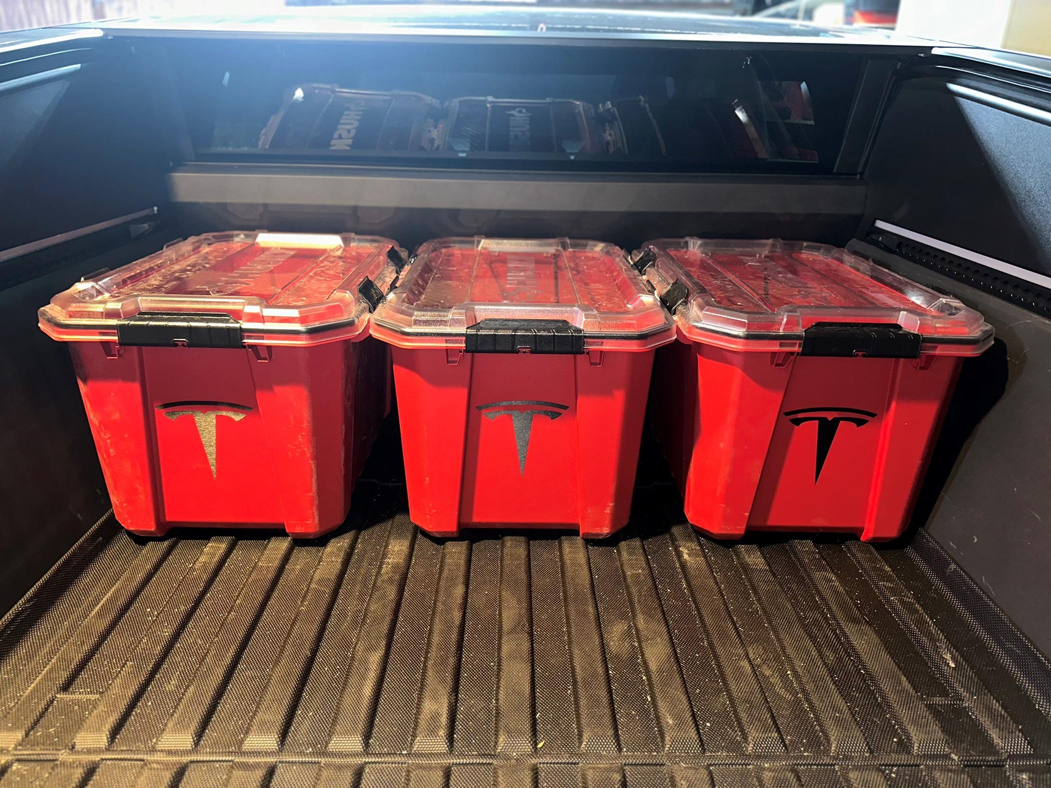 Tesla Cybertruck Bed Storage Bin Option: Husky 57 Gallon Storage Tote With Wheels Bins