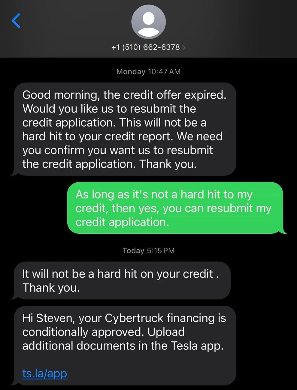Tesla Cybertruck PSA - Tesla Financing: Resubmitting application pulls new hard credit inquiries IMG_1695