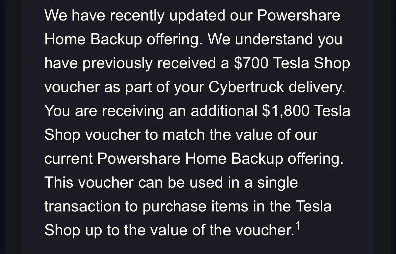 Tesla Cybertruck Powershare 700 credit vs 2500 credit IMG_7417