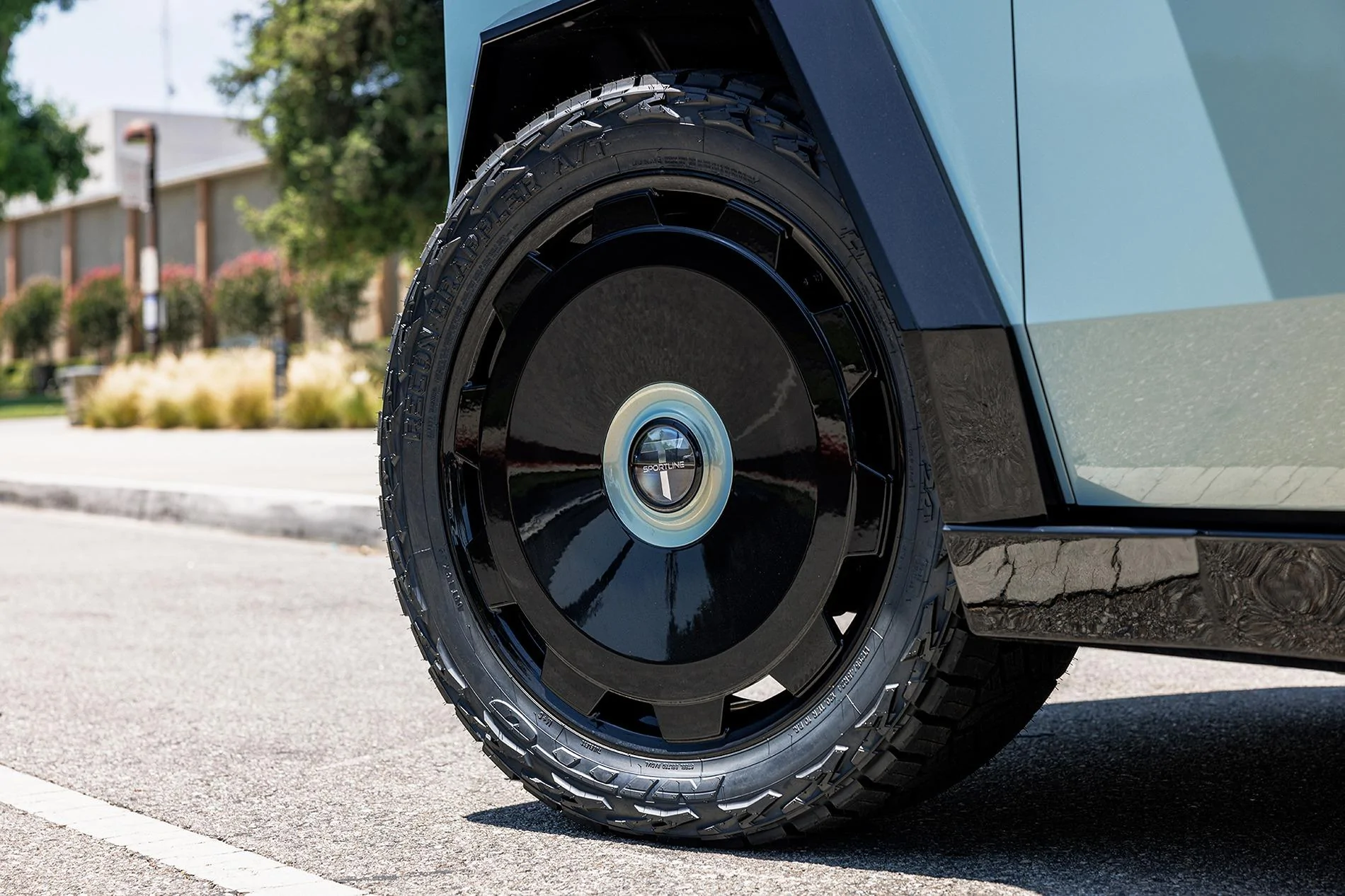 Tesla Cybertruck Hottest look yet!  Urban Bamboo Blue Wrap with Gloss Black Accents & fully painted trim - by T Sportline pearl-urban-bamboo-tesla-cybertruck-24-inch-ctm-gloss-black-forged-wheels-1920-7