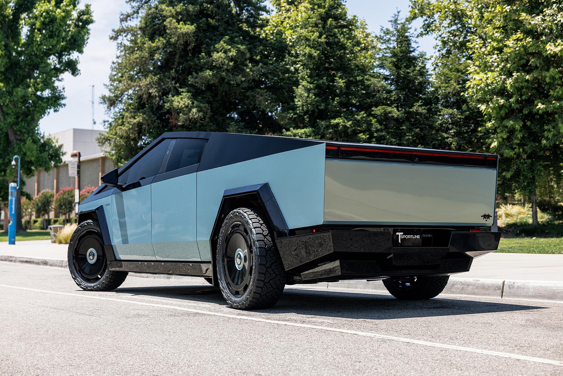 Tesla Cybertruck Hottest look yet!  Urban Bamboo Blue Wrap with Gloss Black Accents & fully painted trim - by T Sportline pearl-urban-bamboo-tesla-cybertruck-24-inch-ctm-gloss-black-forged-wheels-1920-3