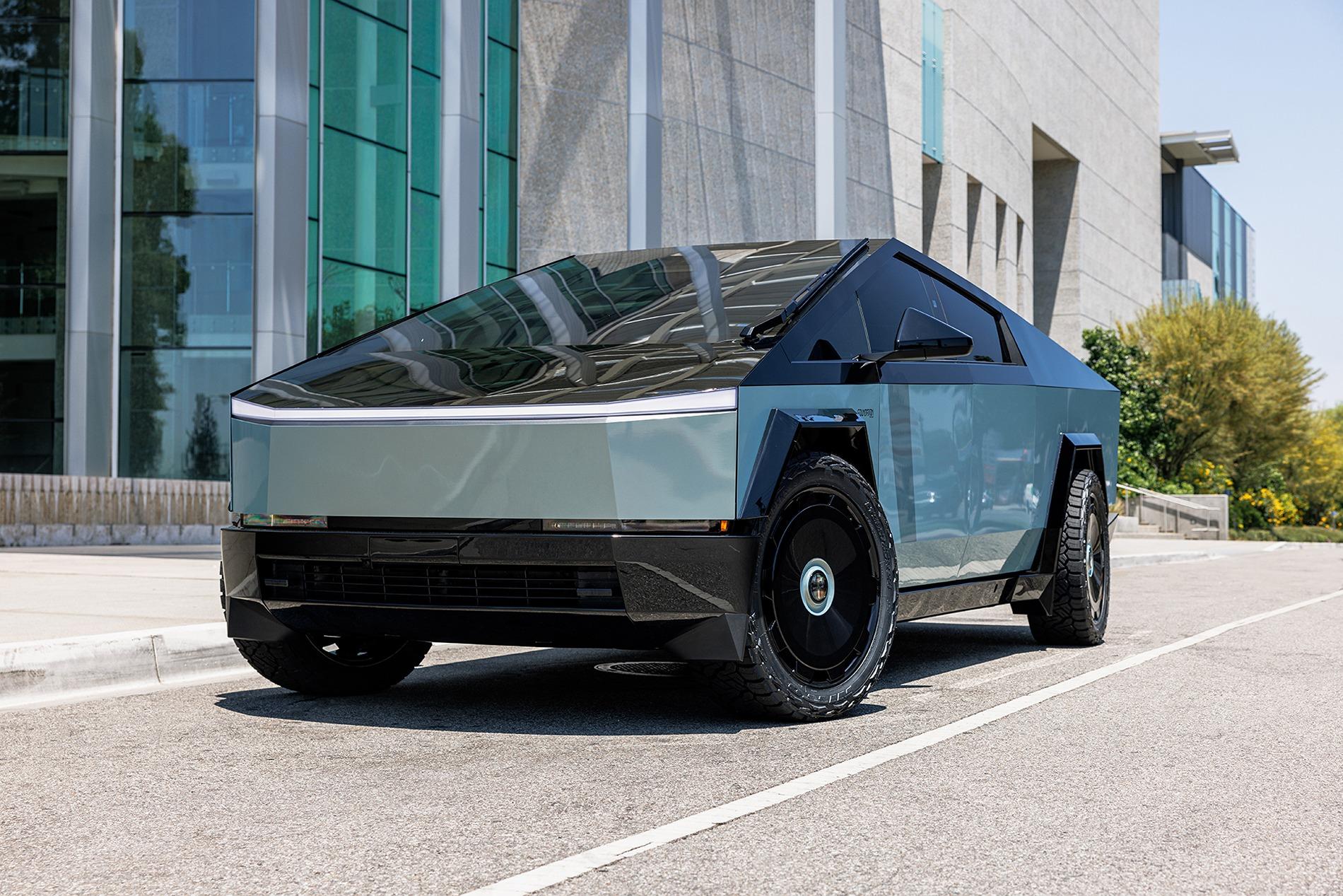 Tesla Cybertruck Hottest look yet!  Urban Bamboo Blue Wrap with Gloss Black Accents & fully painted trim - by T Sportline pearl-urban-bamboo-tesla-cybertruck-24-inch-ctm-gloss-black-forged-wheels-1920-1