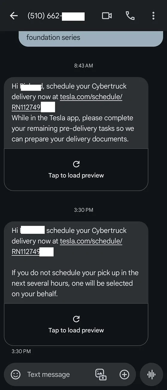 Tesla Cybertruck FS Order switching to Non-FS Order Screenshot_20240628_160531_Messages