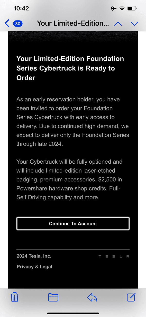Tesla Cybertruck Tesla order invite now says: “We expect to deliver only the foundation series through late 2024” IMG_6378