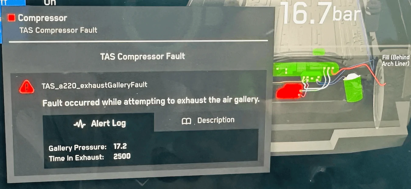 Tesla Cybertruck Cyberbeast issue message: “Air suspension unable to raise” and “Air compressor temperature above operating..." Alert Log