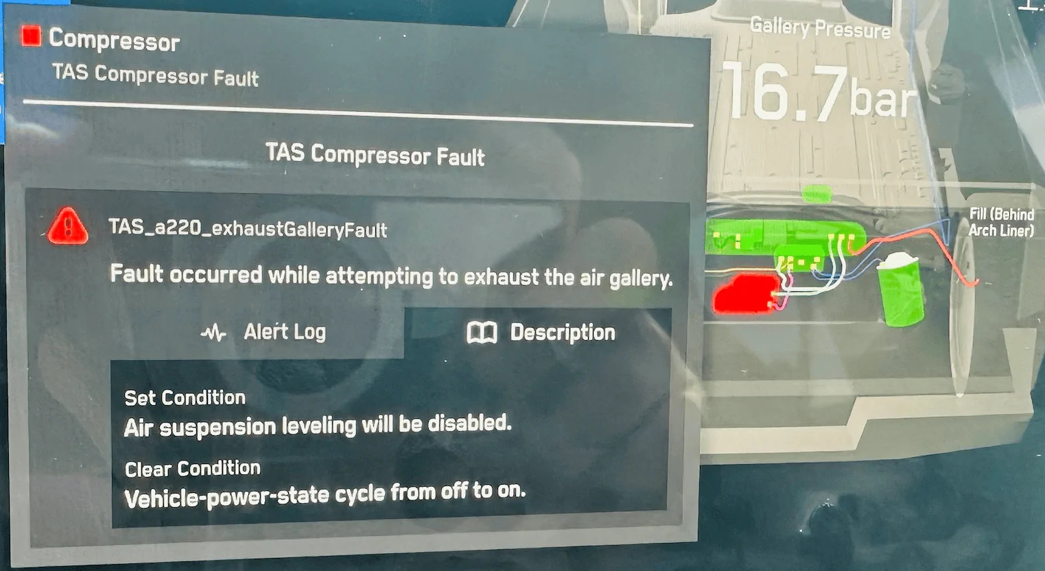Tesla Cybertruck Cyberbeast issue message: “Air suspension unable to raise” and “Air compressor temperature above operating..." Alert Description