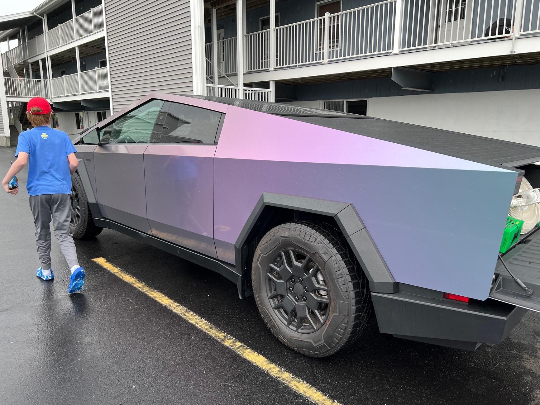 Tesla Cybertruck Orafol Gloss Amethyst Vinyl Wrap on Cybertruck in RI IMG_1216