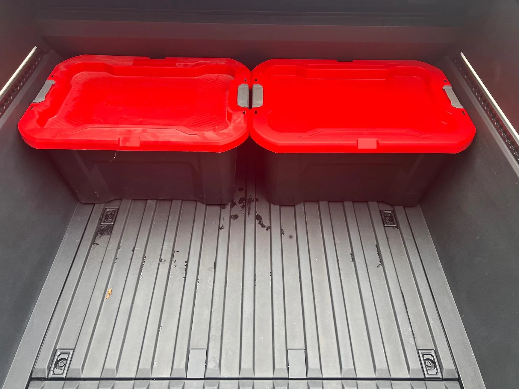 Tesla Cybertruck Aftermarket Bed Storage Bins -- Husky Heavy Duty Waterproof Stackable Plastic Storage Containers [Updated w/ photos vs. Tesla Vault Bins] IMG_3151