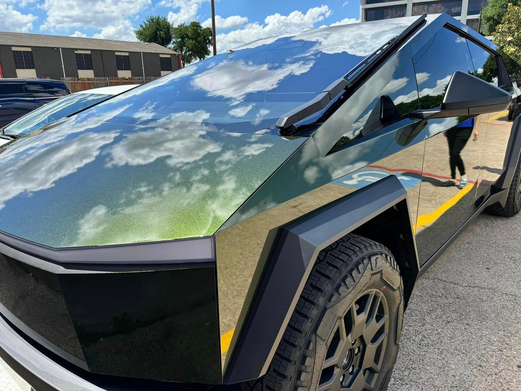 Tesla Cybertruck GREEN Vinyl Wrap & PPF Cybertruck -- Photos & Videos EVOLV Gloss Metallic Billionaire Green Vinyl Wrap on Cybertruck 1