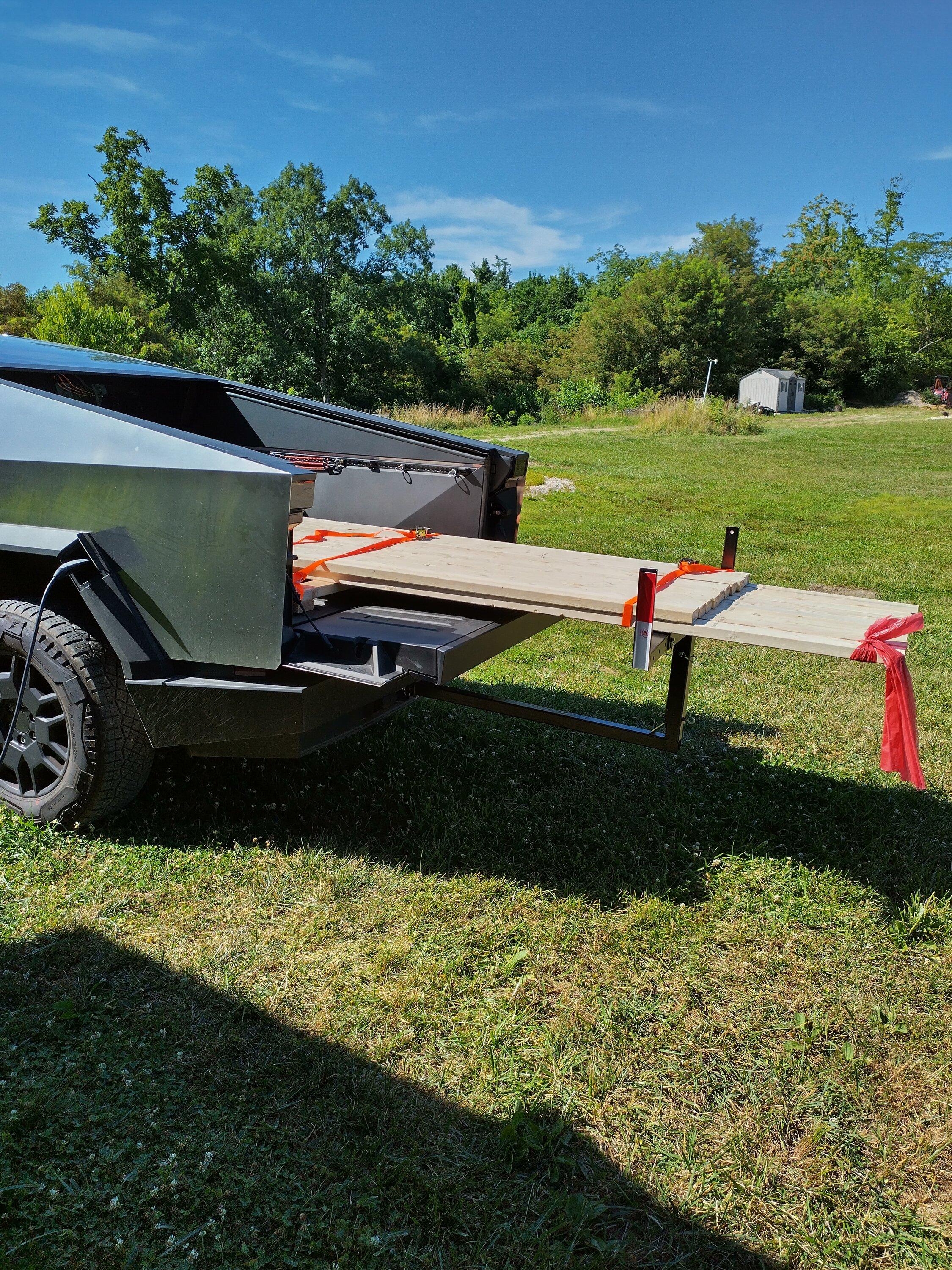 Tesla Cybertruck Hitch mount bed extender for long cargo + quick easy bed camera. IMG_5443