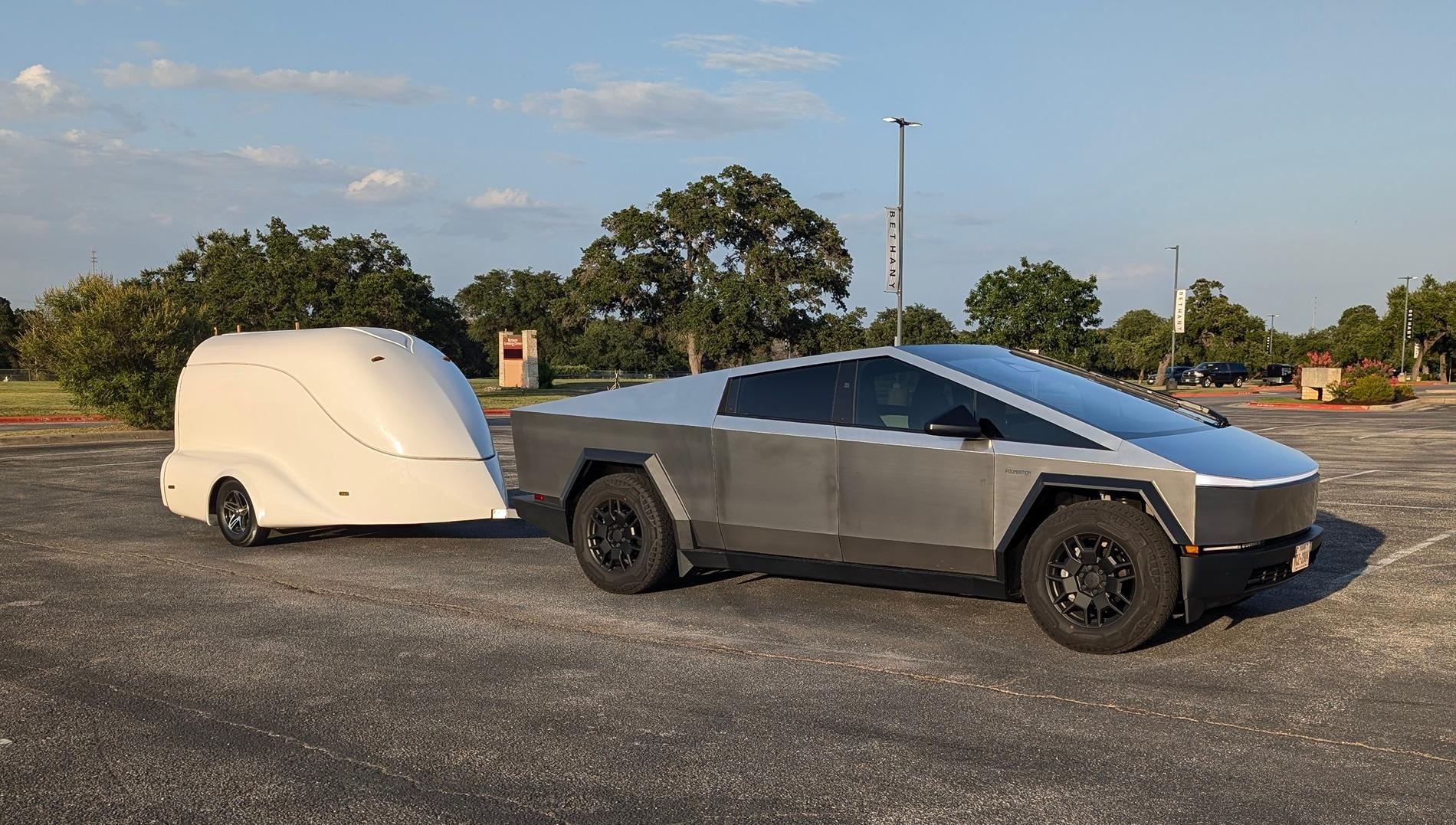 Tesla Cybertruck Towing Test run with Ironhorse 1-Bike FlipTop Motorcycle Trailer towing front
