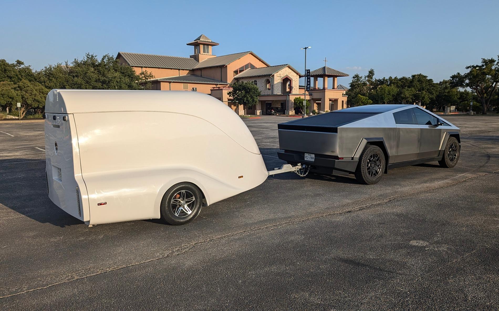 Tesla Cybertruck Towing Test run with Ironhorse 1-Bike FlipTop Motorcycle Trailer towing back