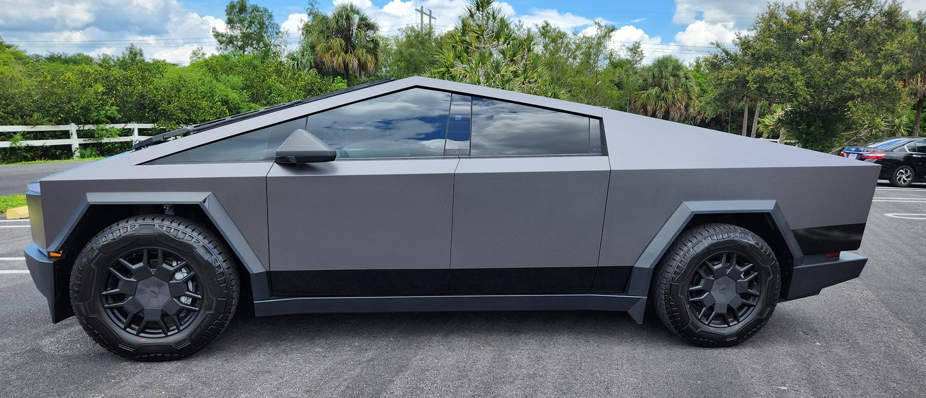Tesla Cybertruck Charcoal Metallic Gray w/ Satin PPF Overlay and Gloss Black Rockers 20240707_135438
