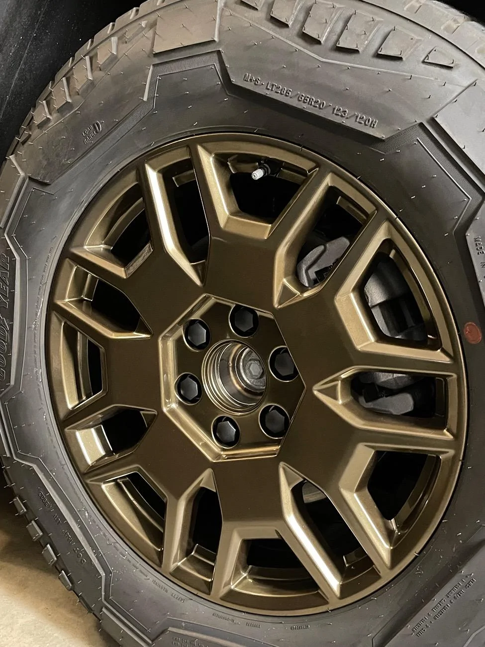 Tesla Cybertruck Powdercoated wheels in Lazer Bronze color (on UPPF Byron Bay Blue wrap Cybertruck) IMG_6577